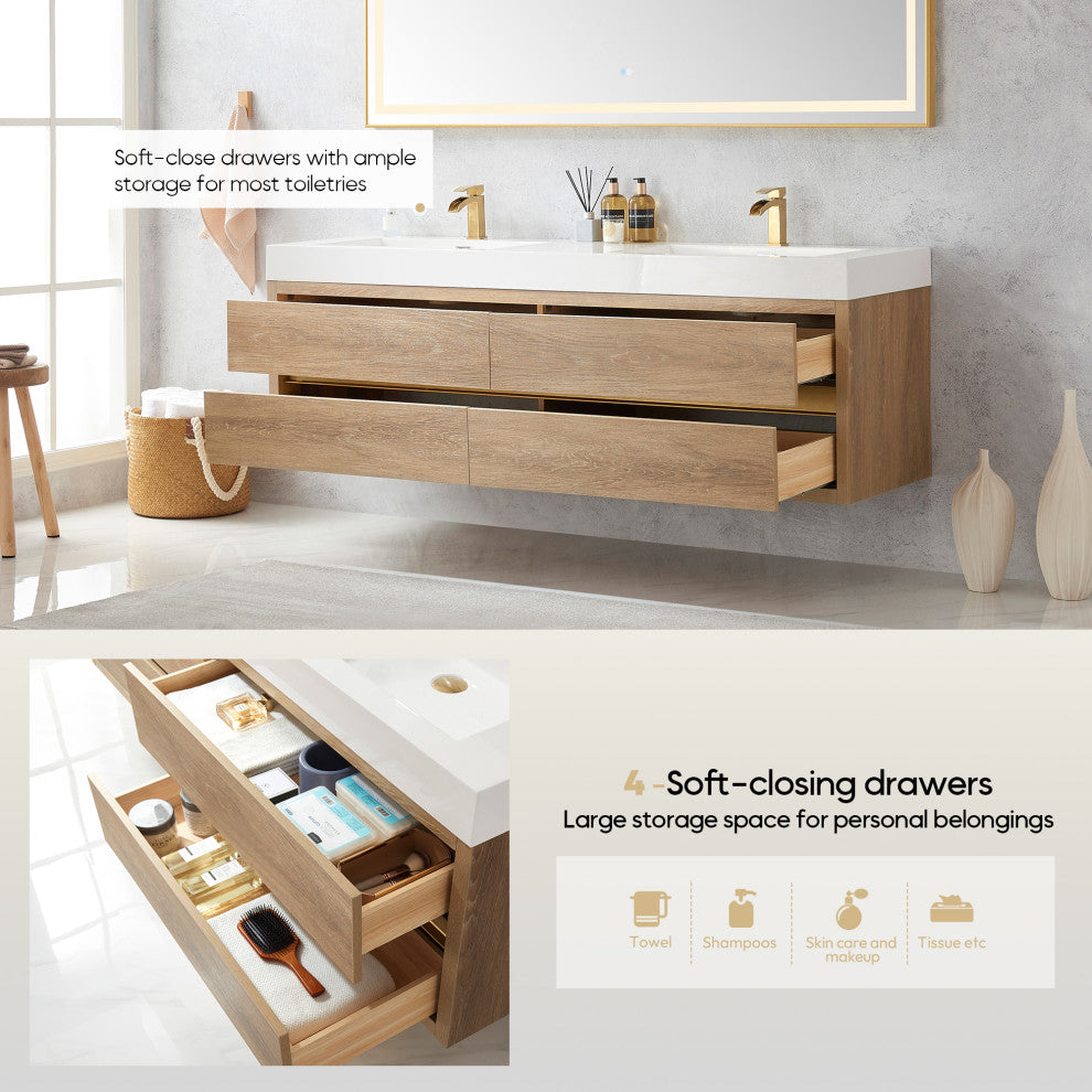 Palencia Floating Bath Vanity With Composite Stone Top, North American Oak, 72", With Mirror