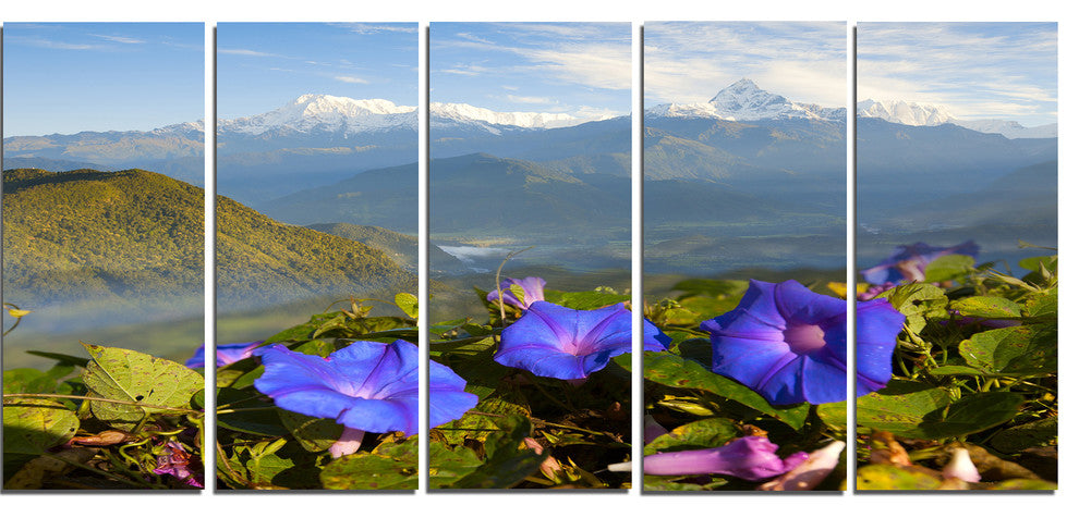 Stunning Mountain Terrain with Flowers, Landscape Canvas Art, 60"x28", 5 Panels