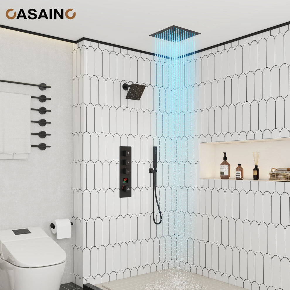 12inch Luxury Shower Dual Shower Head System With LED Light and Bluetooth, Matte Black
