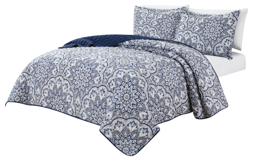 Bibb Home 3 Piece Reversible Quilt Set, Navy Medallion, King