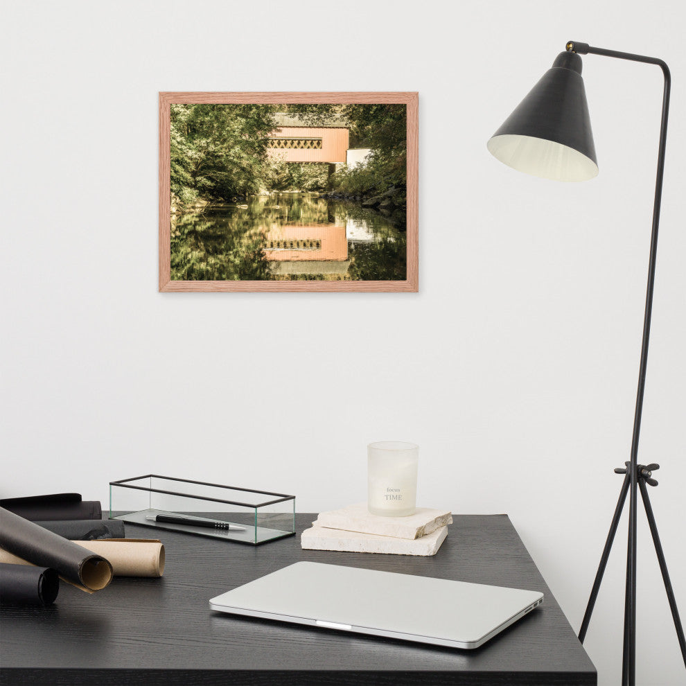 The Reflections of Wooddale Covered Bridge Aged Framed Photo Wall Art Print, Red Oak, 12" X 16"