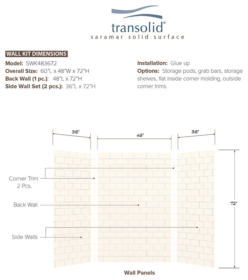 Transolid SaraMar 36in X 48in X 72in Glue to Wall 3-Piece Shower Wall Kit, White