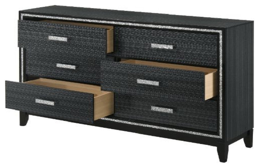 Benzara BM268901 Dresser With 6 Drawers and Shimmering Trim, Weathered Black