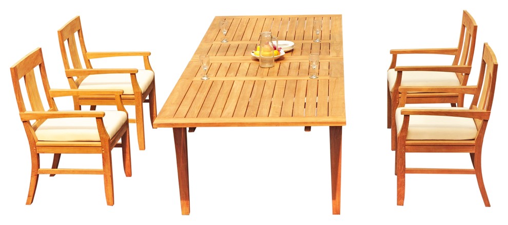 5-Piece Outdoor Teak Dining Set, 122" X-Large Rectangle Table, 4 Osbo Arm Chairs
