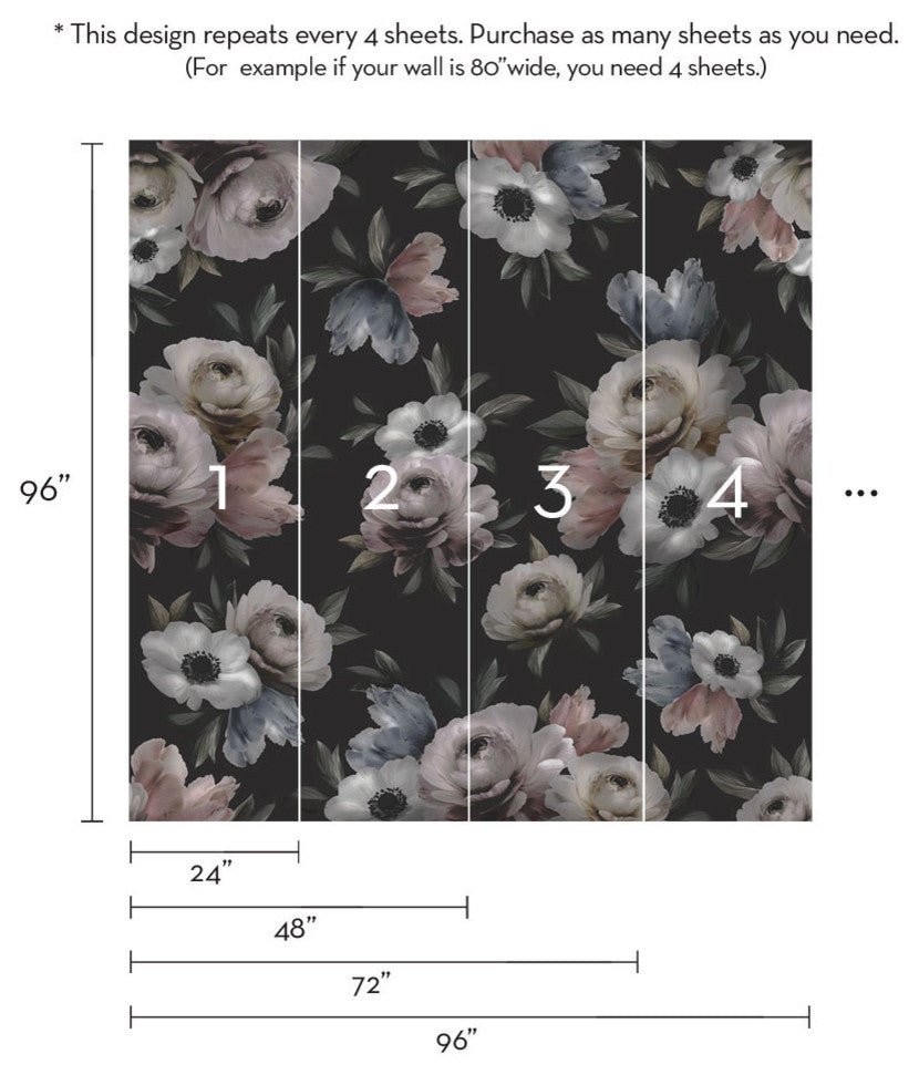 Floral Mural Wall Art Peel and Stick Vinyl Wallpaper, Midnight, 24"w X 96"h