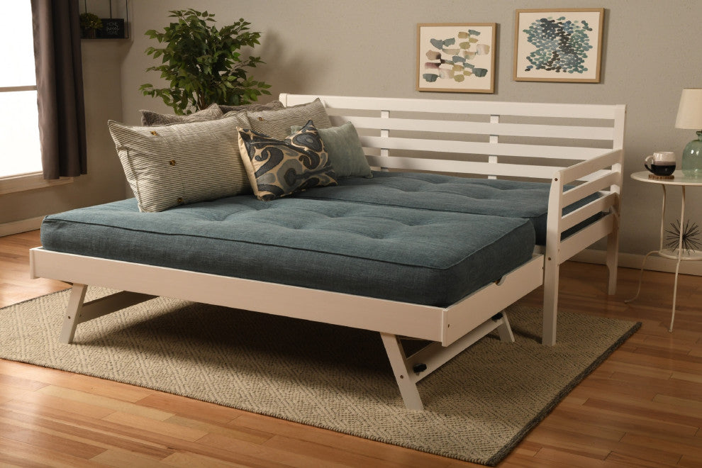 Boho Daybed With Pop Up and Linen Aqua Mattresses, White