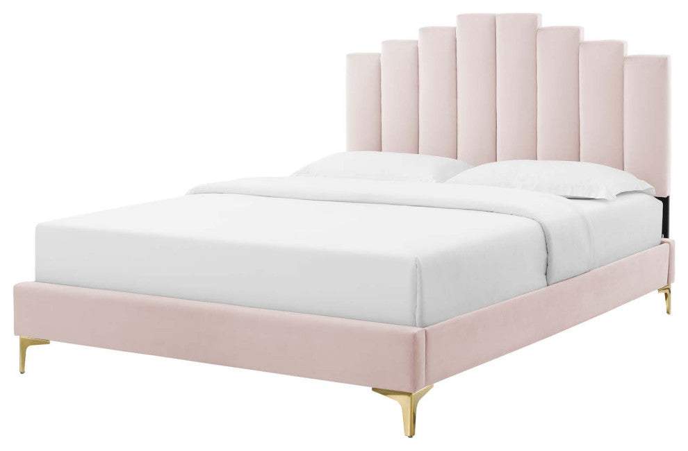 Platform Bed Frame, Queen Size, Velvet, Pink, Modern Contemporary, Bedroom
