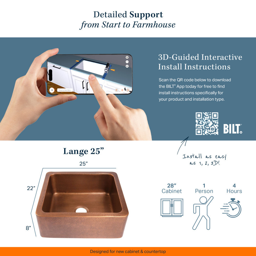 Lange Copper 25" Single Bowl Farmhouse Apron Front Undermount Kitchen Sink