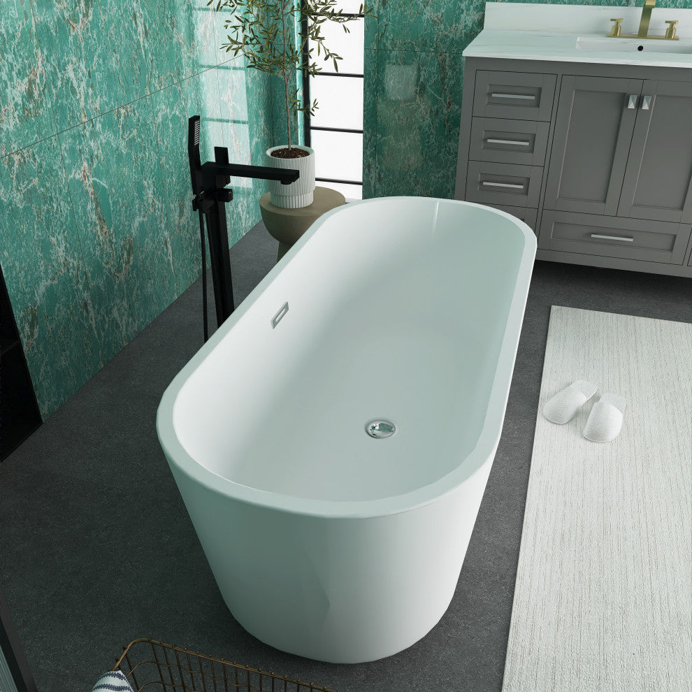 Acrylic Freestanding Soaking Bathtub in White, 59"29"