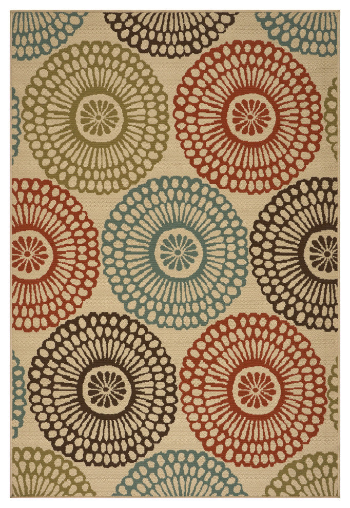 GDF Studio Dahlia Outdoor Floral  Area Rug, Beige and Multicolored, 5'x8'