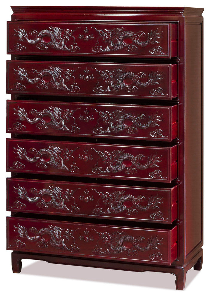Dark Cherry Rosewood Dragon High Chinese Chest of Drawers