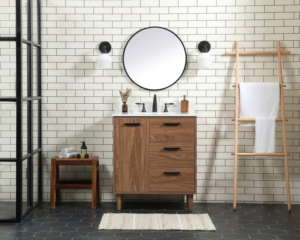 Home Living Modern Natural Oak-Light Bathroom Vanity, Walnut Brown, 30"
