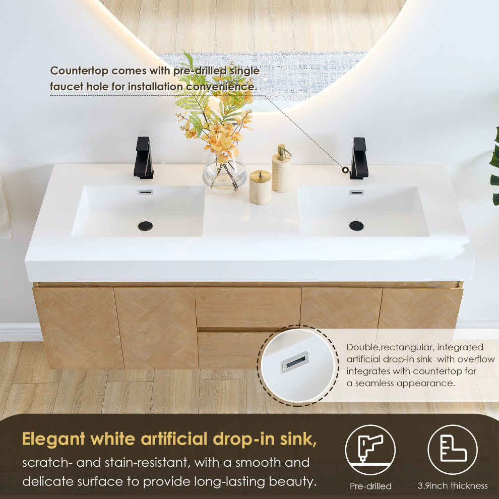 Siena Wall-mounted Single Bath Vanity, Light Brown, 60inch, No Mirror