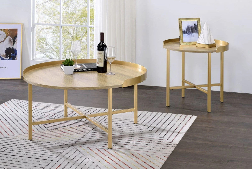 End Table, Oak Table Top with Gold Finish Frame