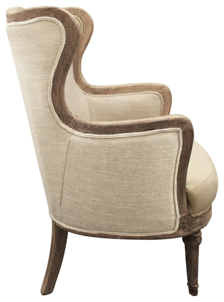 Dan Lounge Arm Chair with Exposed Wood Trim and Frame in Natural Linen Fabric