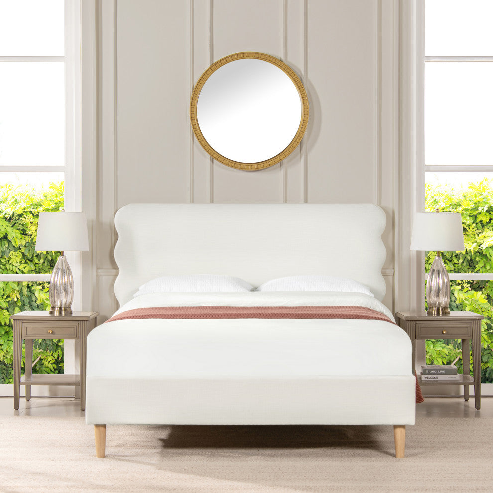 Stockholm Modern Wavy Headboard Platform Bed, Antique White Polyester, Queen