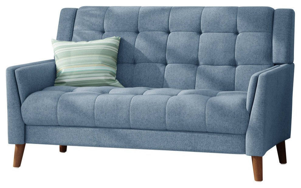 GDF Studio Evelyn Mid Century Modern Fabric Loveseat, Blue/Walnut