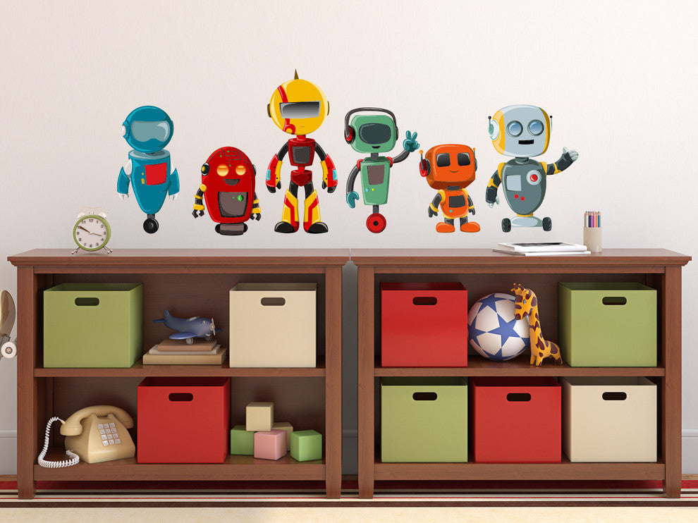Robot Fabric Wall Decals, Set of 6 Cute Robots, Size Medium