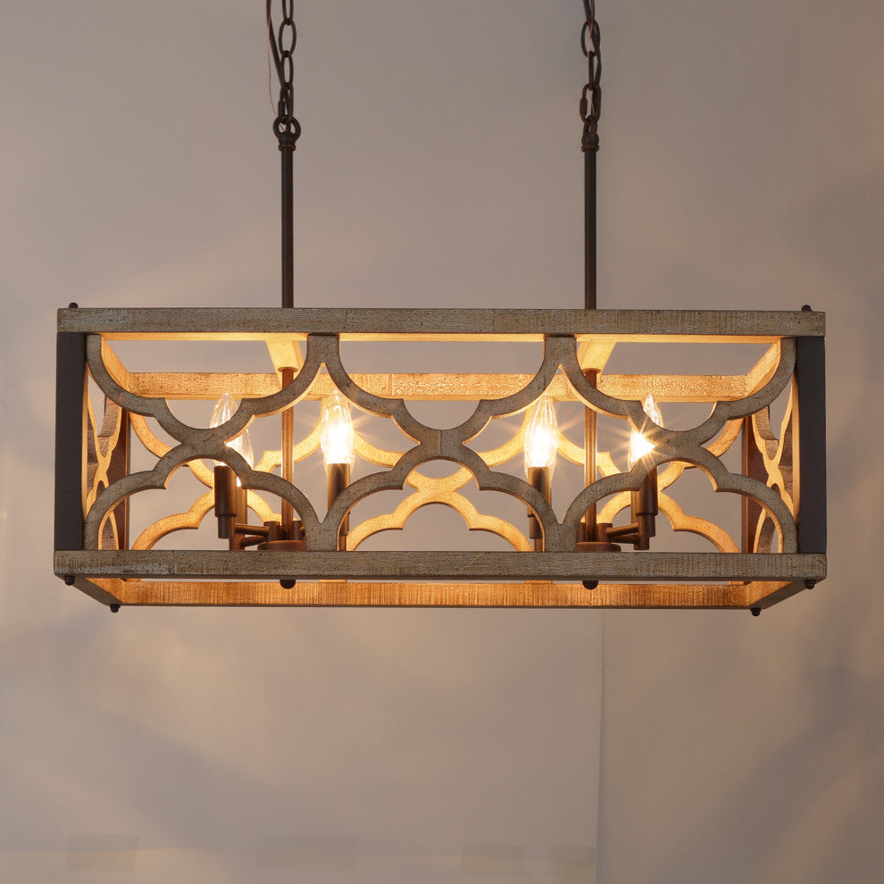 LNC 8-Light Distressed Wood 27.5" Chandelier, Rectangle, Farmhouse