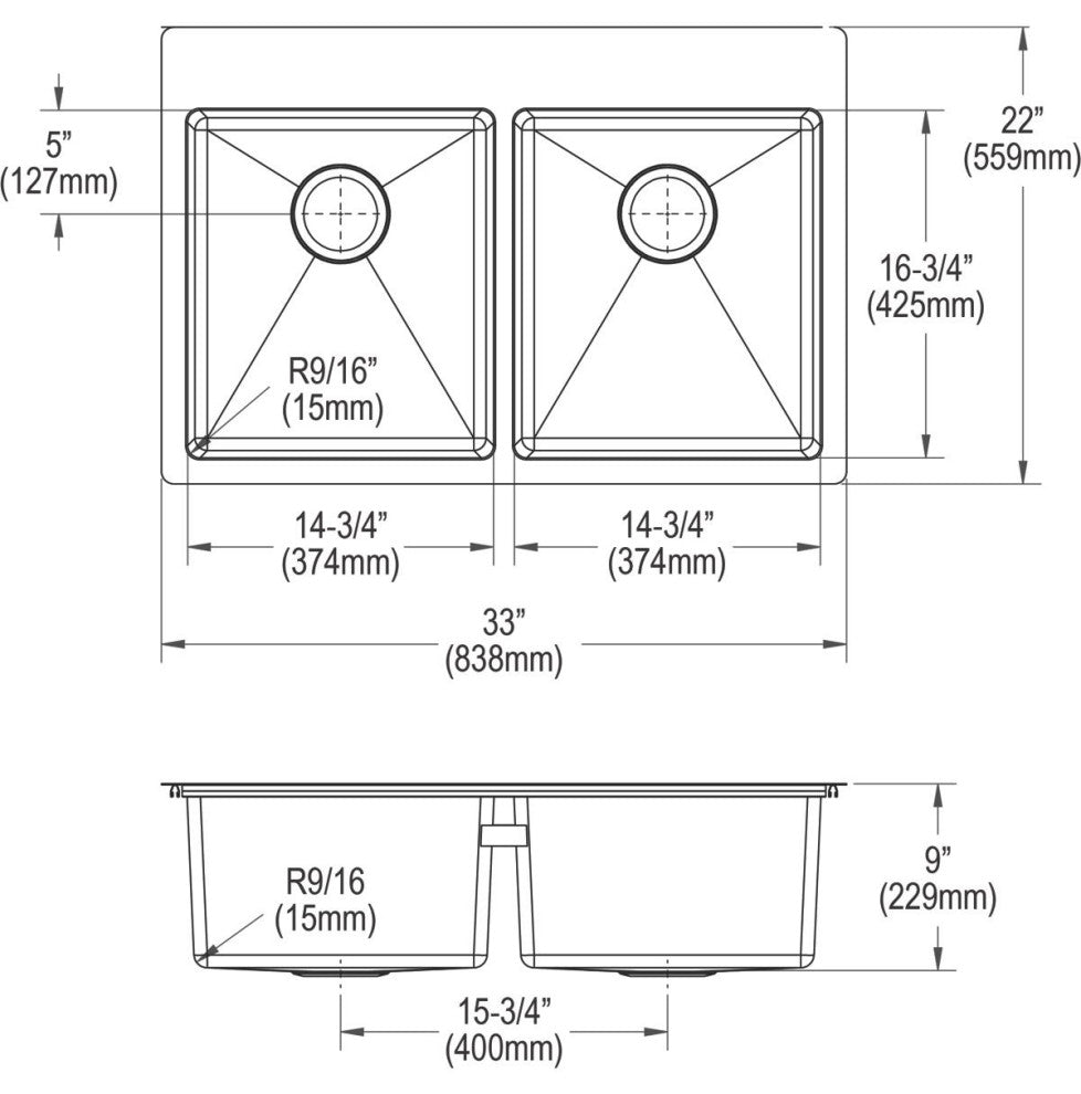 ECTSR33229TBG1 Crosstown Stainless Steel 33" x 22" Dual Mount Sink Kit, 1 Hole
