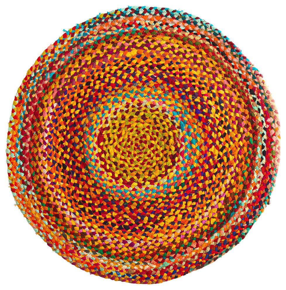 3'' x 3'' Hand Braided Boho Colorful Chindi Round Rug