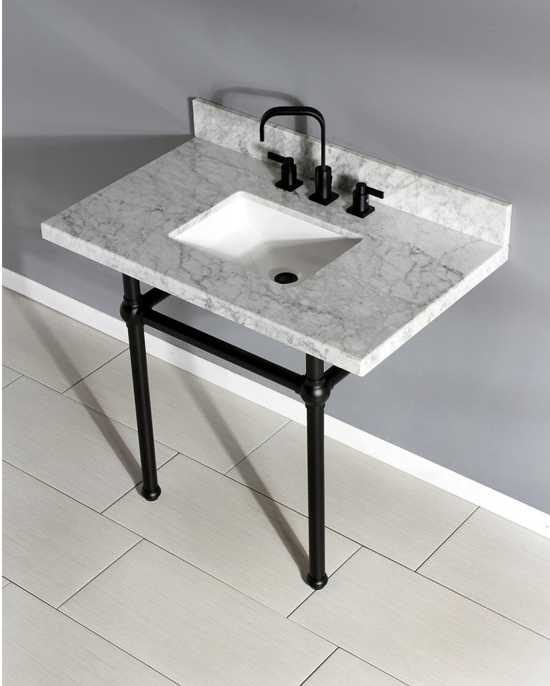 36X22 Carrara Marble Vanity Top w/Brass Console Legs, Carrara Marble/Matte Black