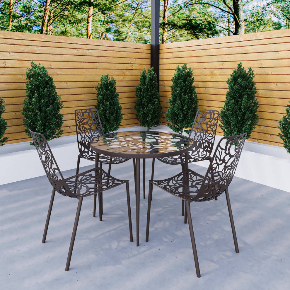 LeisureMod Devon 5-Piece Aluminum Patio Dining Set With Table and 4 Chairs, Brown