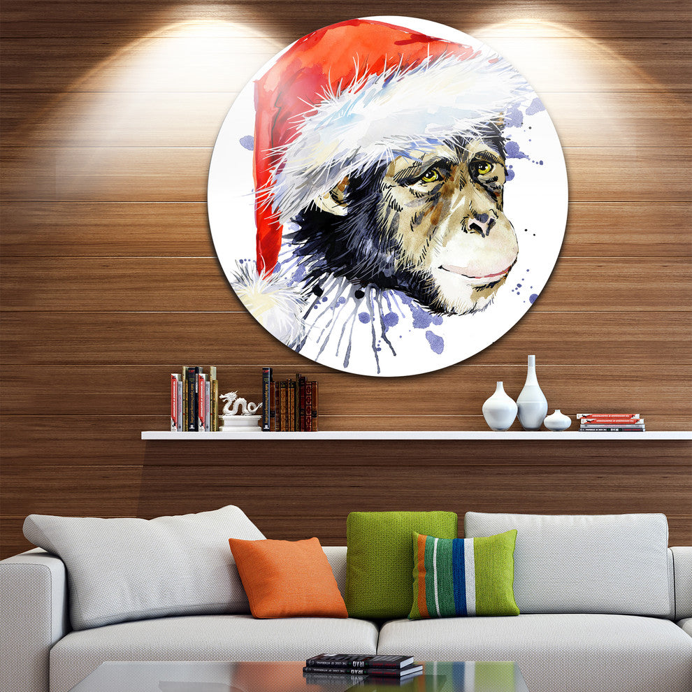 Monkey Santa Clause, Animal Disc Metal Wall Art, 38"
