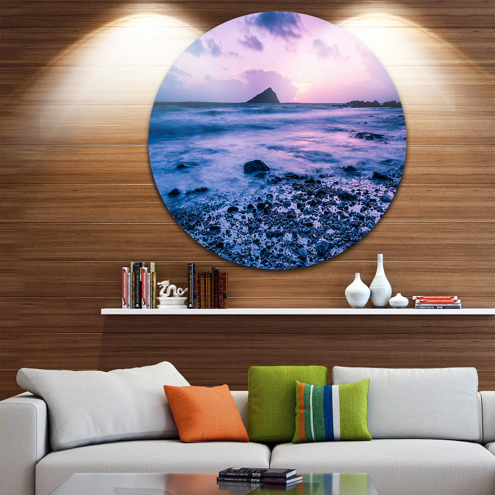 Slow Motion Waves On Rocky Beach, Seascape Disc Metal Wall Art, 11"