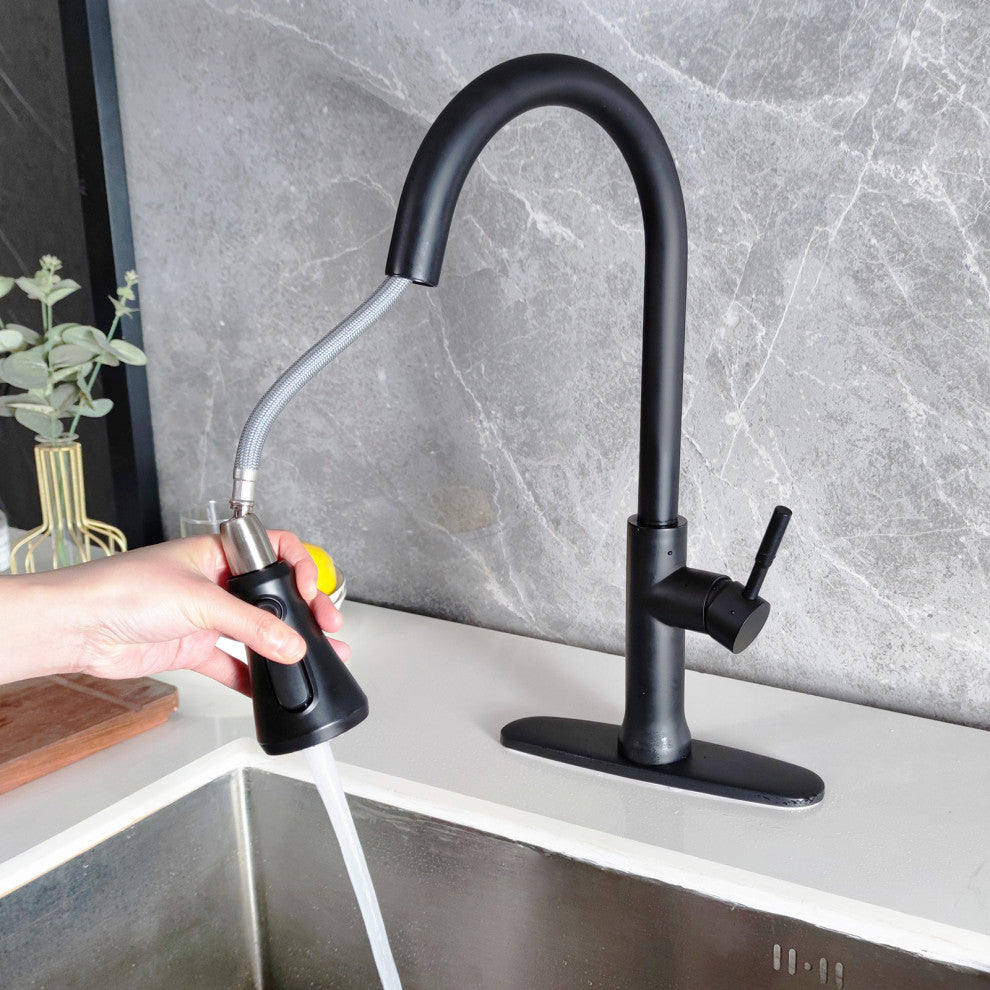 Matte Black Stainless Steel Single Handle Pull Out Kitchen Sink Faucet