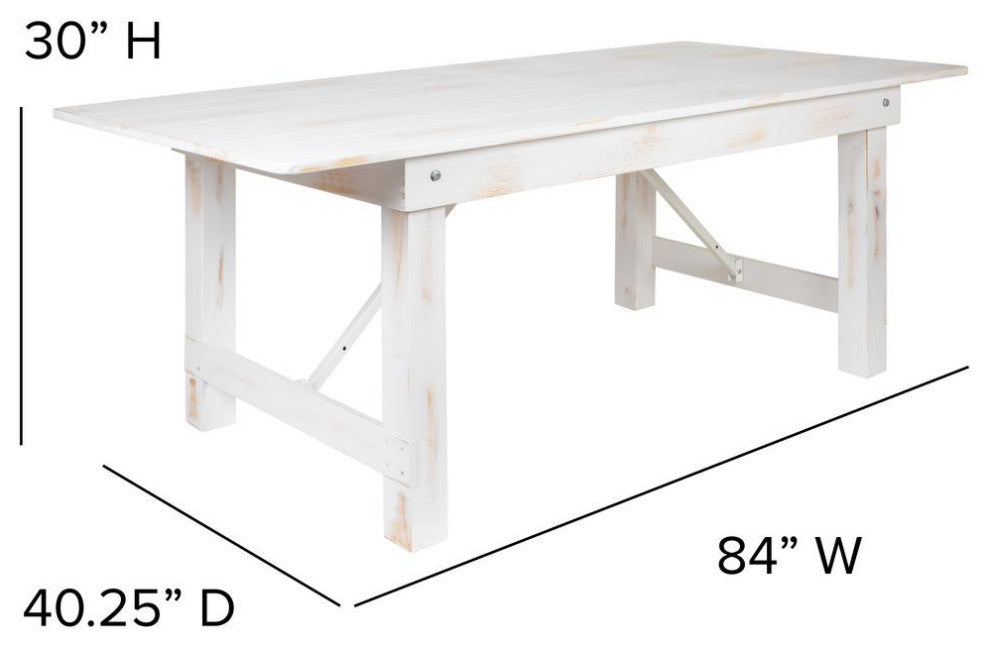 HERCULES Series 7' x 40" Rectangular Solid Pine Folding Farm Table, Antique Rustic White