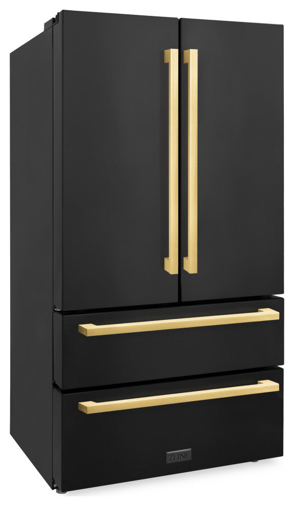 Autograph Refrigerator, Black Stainless With Flat Gold Handles, RFMZ-36-BS-FG