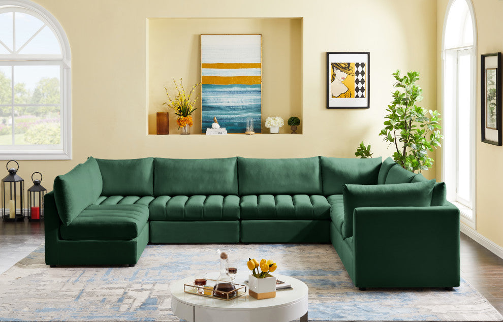 Jacob Velvet Upholstered 7-Piece U-Shaped Modular Sectional, Green