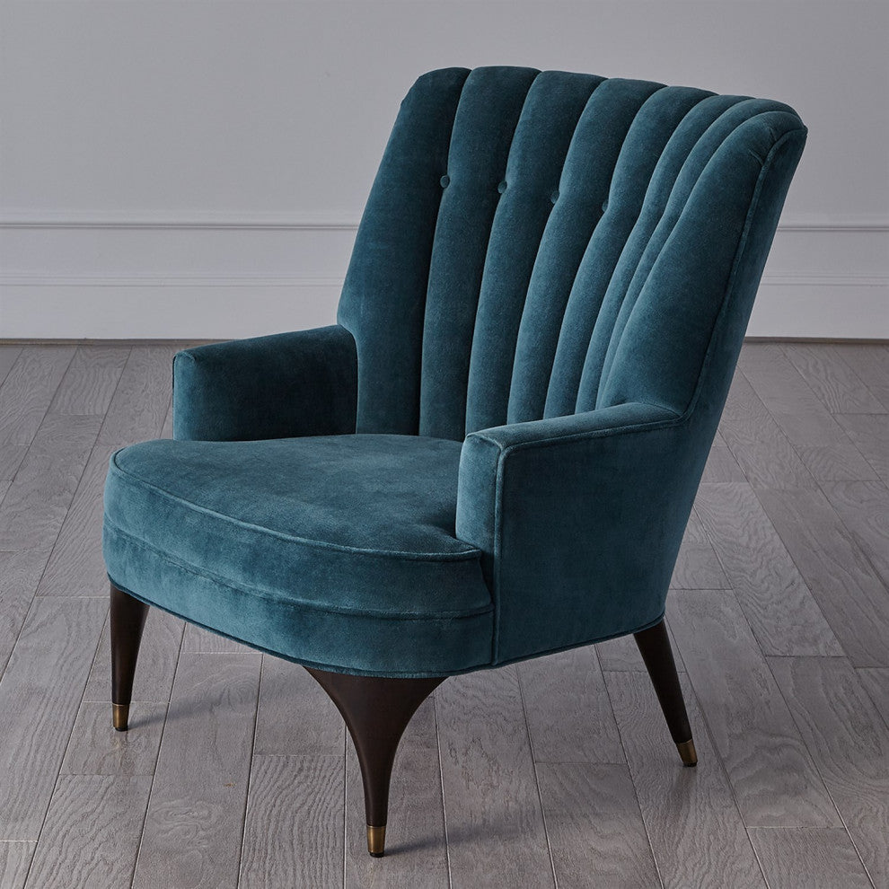 Dragonfly Aqua Blue Velvet Arm Chair Channel Back Tufted Mid Century Wood Brass