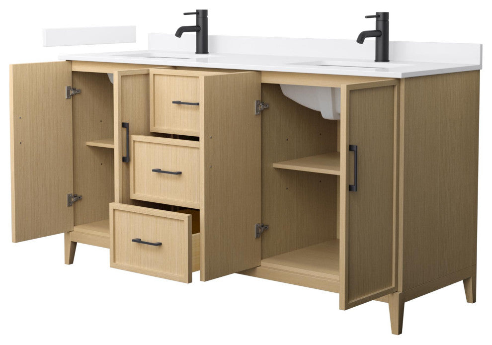 Elan 66" Double Vanity, White Oak, White Quartz Top, 1-Hole, Black Trim