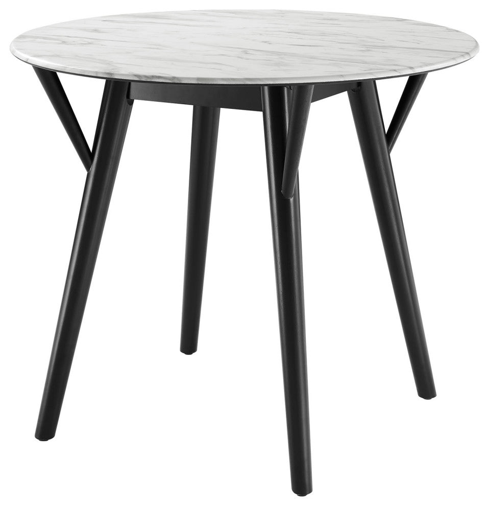 36" Dining Table, Round, White Black, Wood, Artificial Marble, Modern