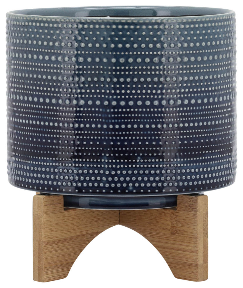 8" Dotted Planter With Wood Stand, Blue