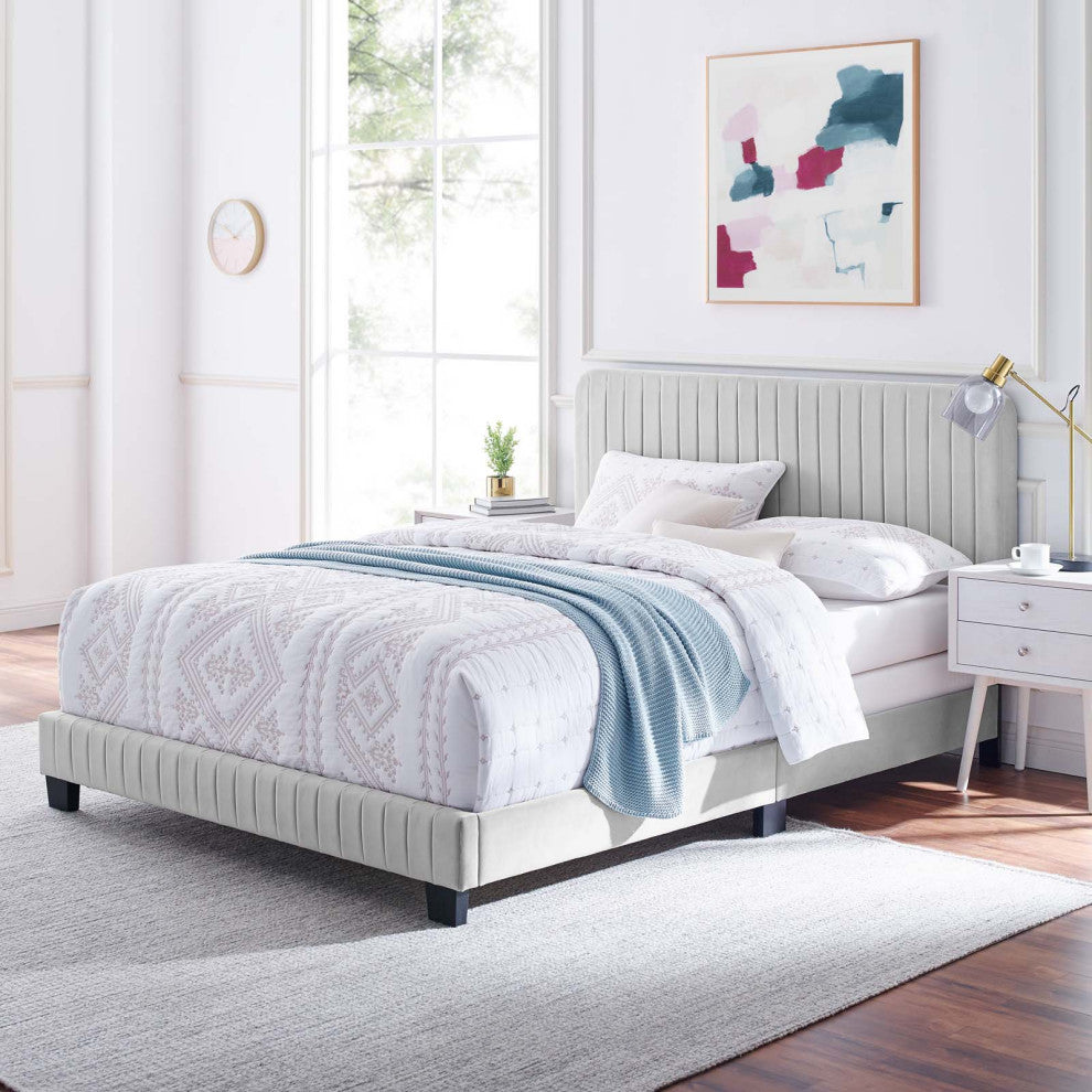 Celine Channel Tufted Performance Velvet Full Bed, Light Gray