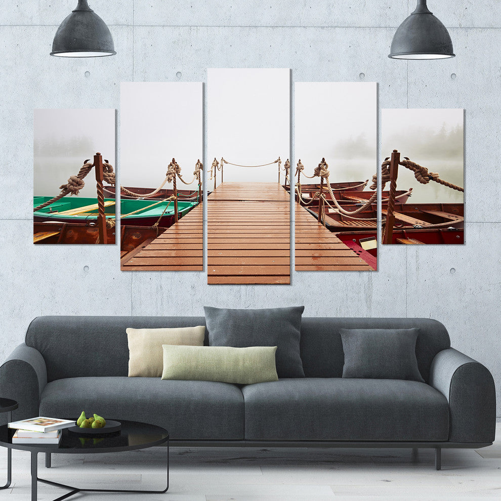 Boats in Mysterious Fog, Boat Canvas Art Print, 60"x32", 5 Panels