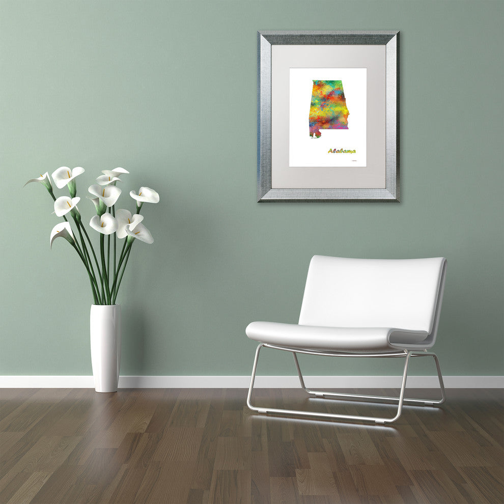 Marlene Watson 'Alabama State Map-1' Art, Silver Frame, 16"x20", White Matte