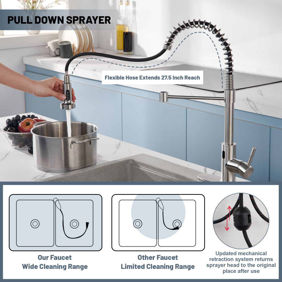 3-Mode Single Handle Pull-Down Sprayer Kitchen Faucet with Touchless Sensor, Brushed Nickel