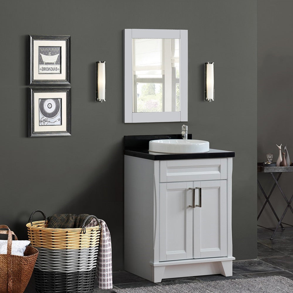 25" Single Sink Vanity, White Finish With Black Galaxy Granite And Round Sink