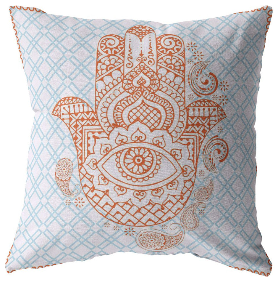 26 Blue Orange Hamsa Indoor Outdoor Throw Pillow