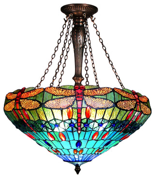 SCARLET, Tiffany-style 3 Light Dragonfly Inverted Ceiling Pendant, 24" Shade