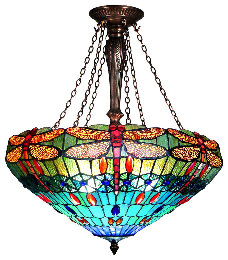 SCARLET, Tiffany-style 3 Light Dragonfly Inverted Ceiling Pendant, 24" Shade