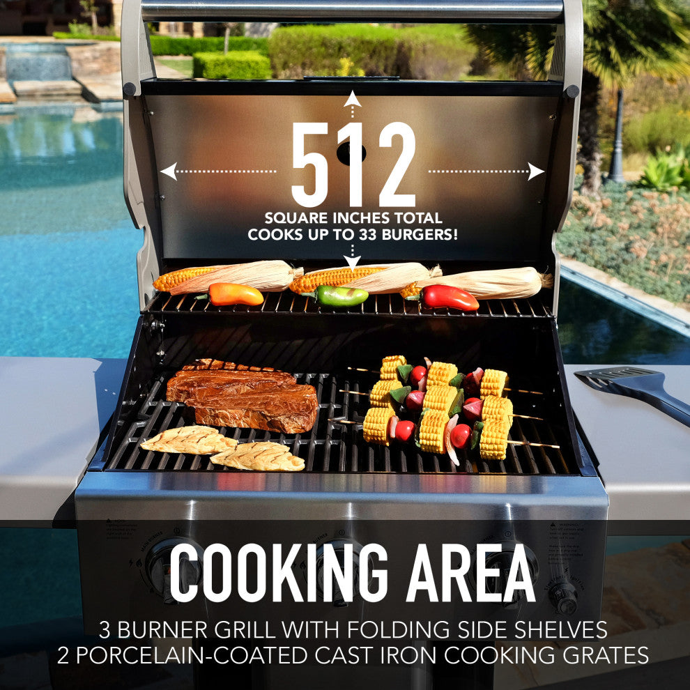 Permasteel 3 Burner Propane Gas Grill with Folding Side Shelves, Black