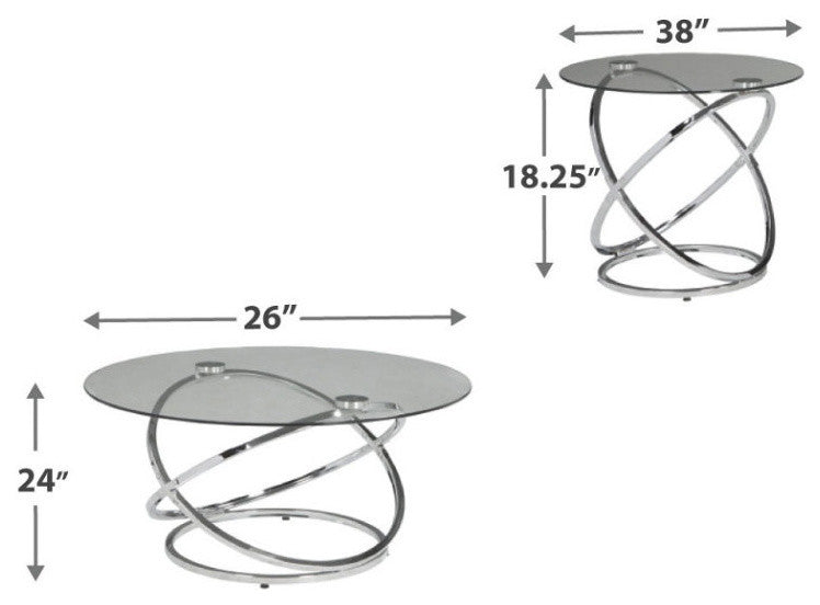 Benzara BM190116 Glass Top Table Set with Metal Rings Base, Clear and Silver