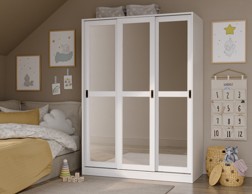 100% Solid Wood 3-Sliding Door Wardrobe/Armoire/Closet, White-Mirrored