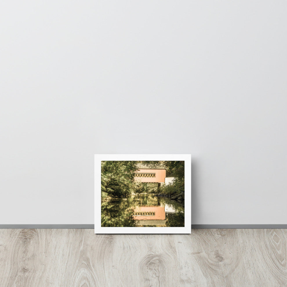 The Reflections of Wooddale Covered Bridge Aged Framed Photo Wall Art Print, White, 8" X 10"