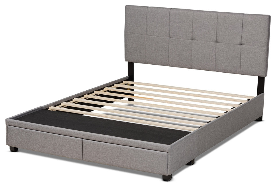 Light Grey Fabric Upholstered 2-Drawer Queen Size Platform Storage Bed